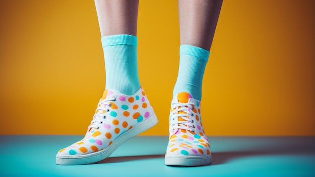 Colorful polka dot sneakers with blue socks