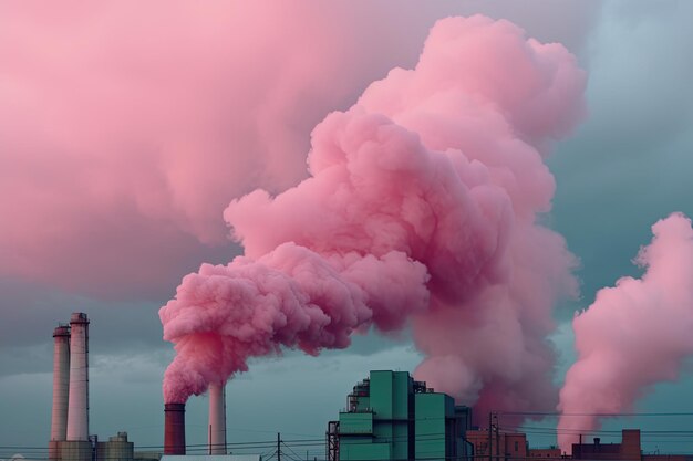 Colorful pollution from manufacturing plants pink smoke Generative AI