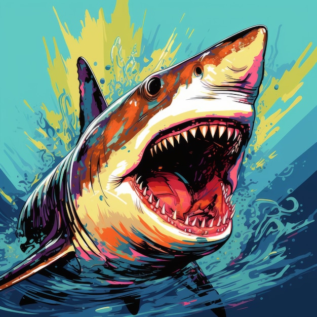 Красочная поп-артная акула рисует агрессивную цифровую иллюстрацию в темном сиане и светлом янтаре