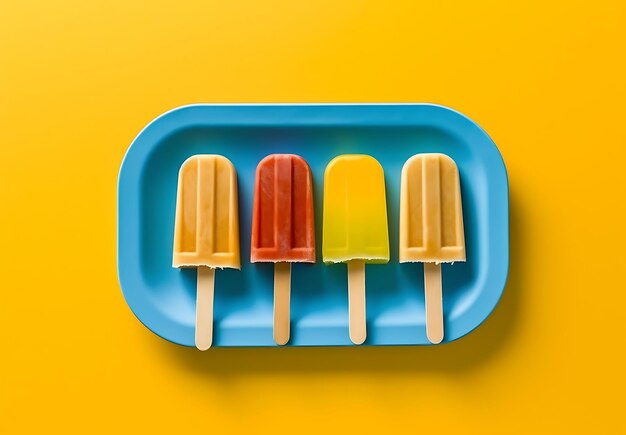 Colorful popsicles in blue plate on yellow background ai generated