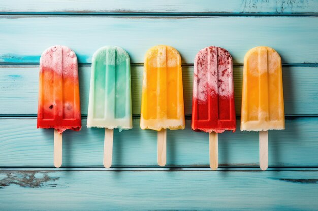 Colorful popsicles on a blue wooden background Selective focus colorful popsicle ice cream on turquoise wooden background AI Generated