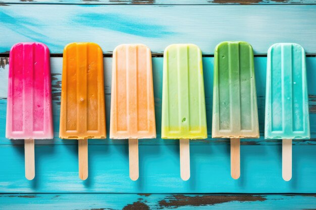Colorful popsicles on blue wooden background vintage effect style pictures colorful popsicle ice cream on turquoise wooden background AI Generated