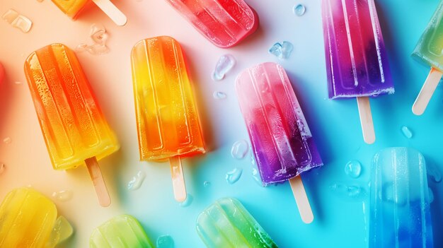 Colorful popsicles with water droplets on a gradient pastel background