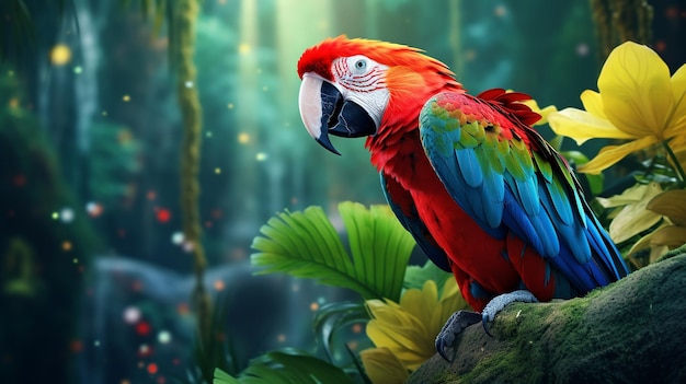 Colorful portrait of Amazon red macaw parrot against jungle Side view of wild ara parrot head on green background Wildlife and rainforest exotic tropical birds as popular pet breeds