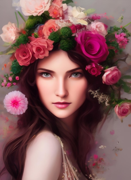 Colorful portrait of a beautiful woman with flowers.