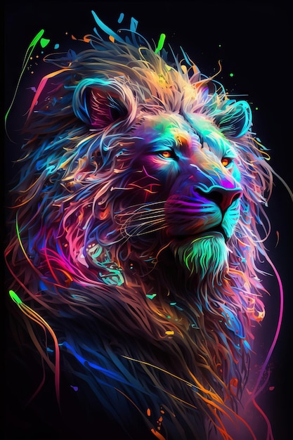 Colorful portrait of a lion on a black background Illustration Generative AI