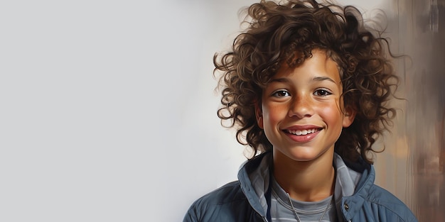 Colorful portrait of smiling teenager boy with curly hair Mental Health in Youth Copy space