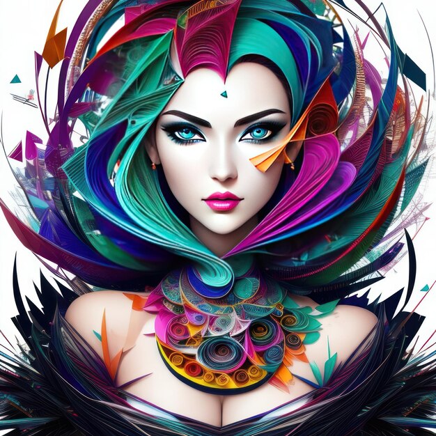 A colorful portrait of a woman with colorful hair and a colorful necklace.