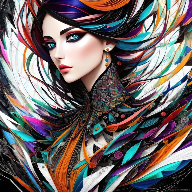 Красочный портрет женщины с яркими волосами и длинными волосами.