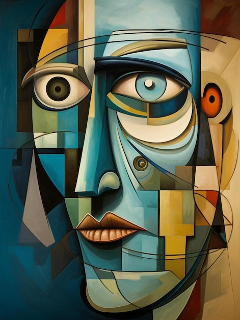 A colorful portrait of a woman with a cross on his face.