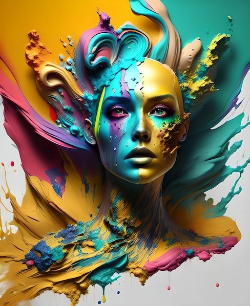 A colorful portrait of a woman with a face painted in different colors.