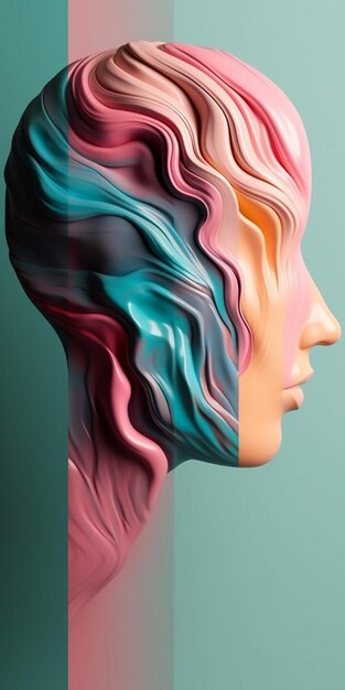 A colorful portrait of a woman with a head in the middle of her face.