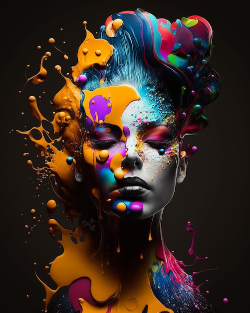 A colorful portrait of a woman with paint dripping down her face