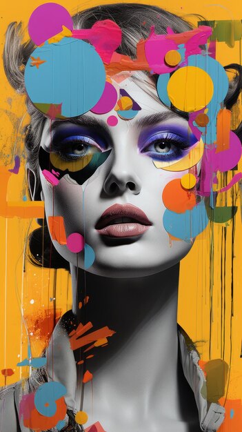 Colorful portrait of a woman with paint splatters