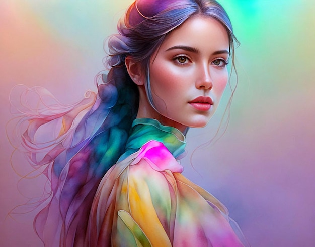 Красочный портрет женщины с радужными волосами.