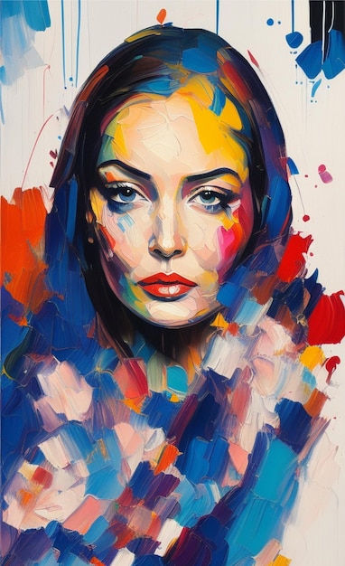 A colorful portrait of a woman with a scarf.