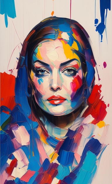 A colorful portrait of a woman with a scarf.