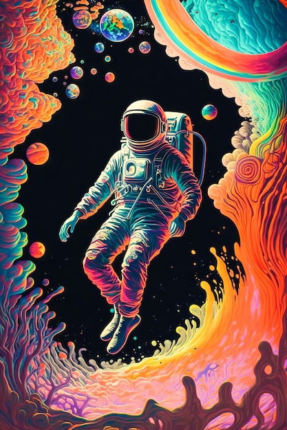 A colorful poster of a astronaut floating in space.