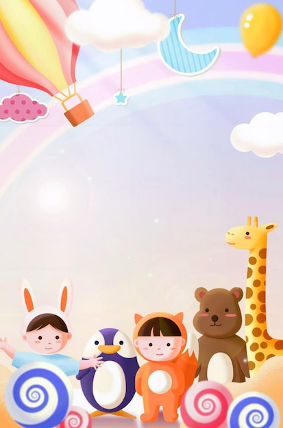 Foto un poster colorato per una baby shower con un arcobaleno e un coniglio dei cartoni animati che indossa un cappello da coniglio.