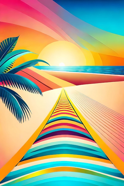 A colorful poster for a beach with palm trees and a train track