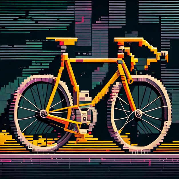 A colorful poster of a bike with a yellow frame and the word bike on it.