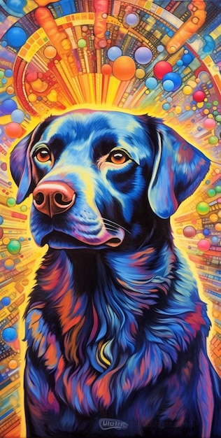 A colorful poster of a black lab dog with the words'candy'on the front.