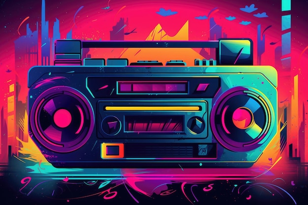 A colorful poster of a boombox with a radio in the middle