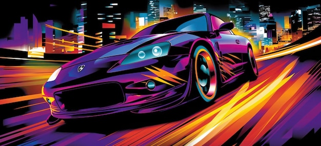 A colorful poster of a car with the word speed on it