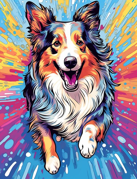 A colorful poster of a dog that is running.