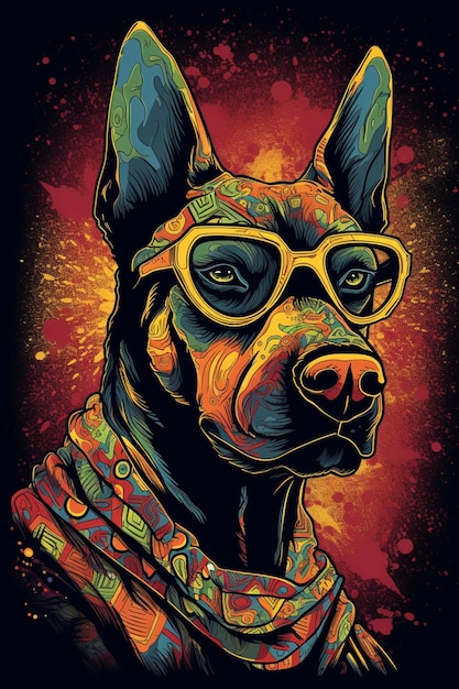 A colorful poster of a dog wearing sunglasses.