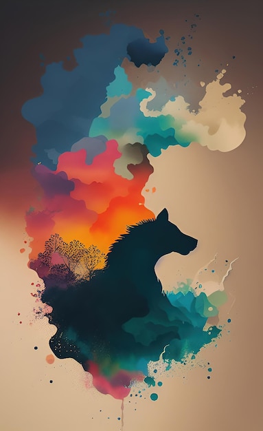 A colorful poster of a dog with a black silhouette.