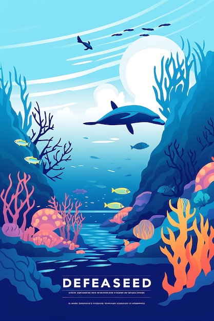 Colorful poster endangered animals ocean preservation deep blues coral reef creative concept ideas