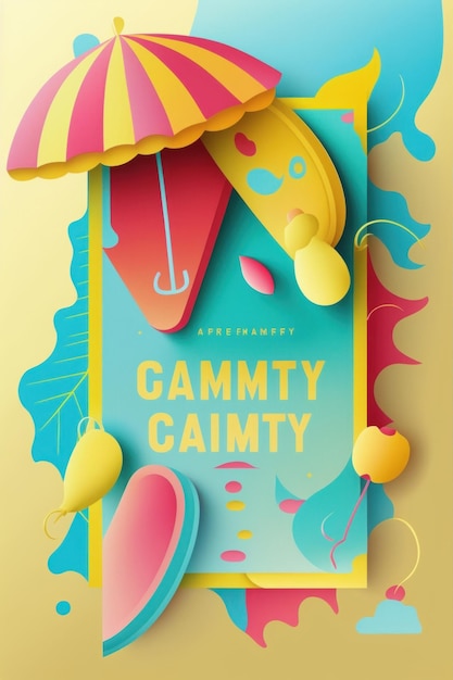 A colorful poster for gadgety with umbrellas and a yellow background.