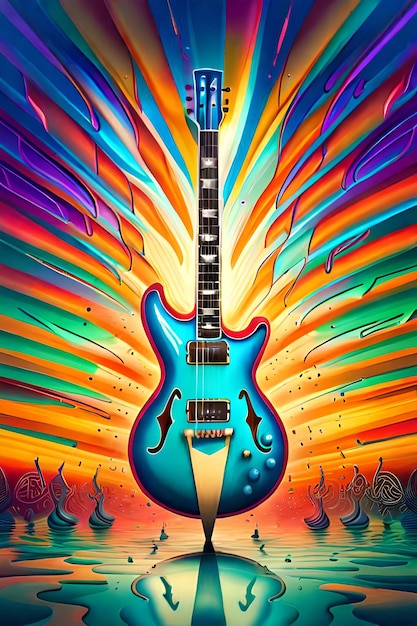 Красочный постер с изображением гитары на радужном фоне.