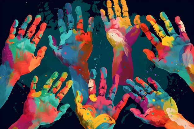 A colorful poster of hands with the colors of the rainbow