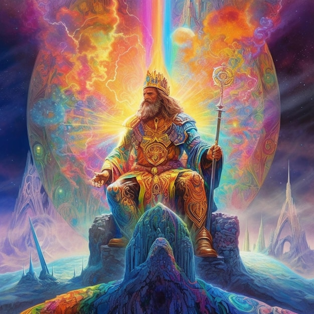 Красочный плакат с изображением короля, сидящего на троне.