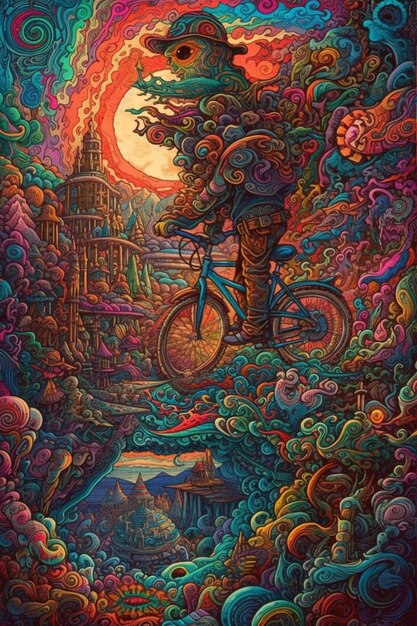 A colorful poster of a man riding a bike with a moon in the background.