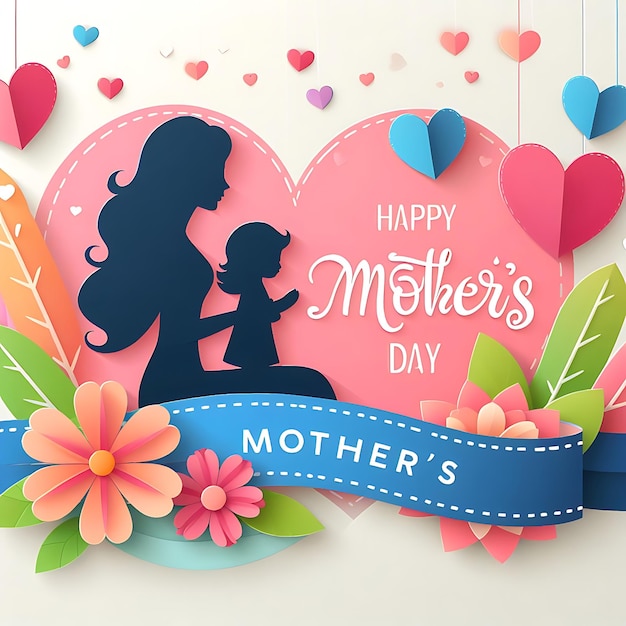 a colorful poster for mothers day with a silhouette of a mother and her