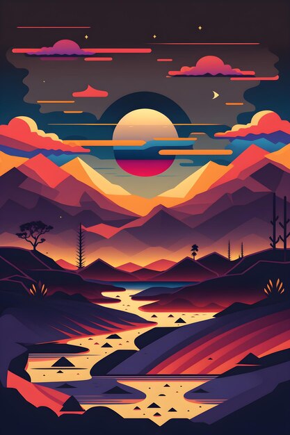 A colorful poster for a mountain landscape with a river and mountains in the background.