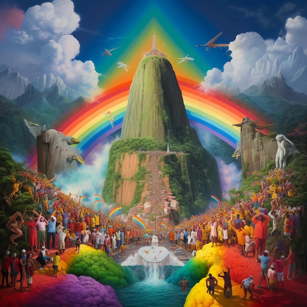 A colorful poster of a mountain with a rainbow on it