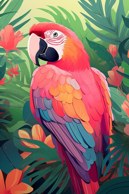 Фото Красочный плакат с попугаем в тропическом лесу
