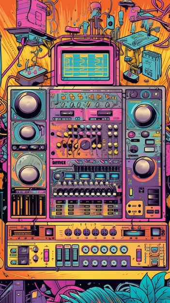 A colorful poster of a radio system with a large display of buttons and a number of buttons.