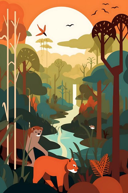 Colorful Poster Rainforest Mammals Tropical Forest Conservation Earthy Reds creative concept ideas