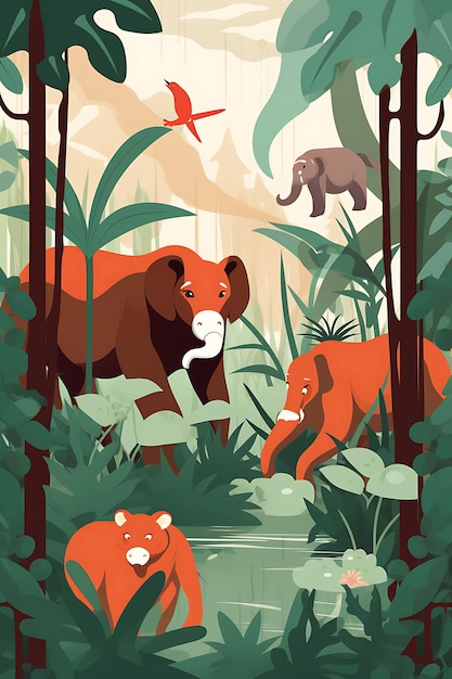 Colorful Poster Rainforest Mammals Tropical Forest Conservation Earthy Reds creative concept ideas