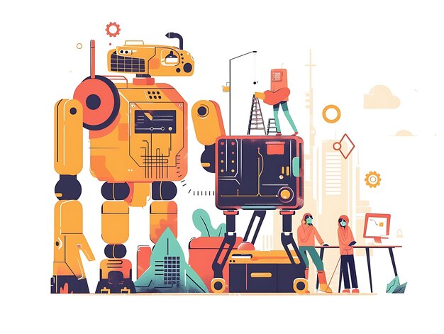 Photo a colorful poster of a robot with a man working on it