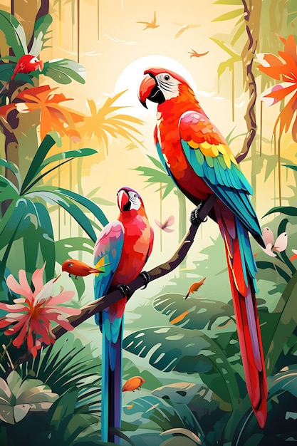 다채로운 포스터 열대 조류 열대 우림 조류 생명 밝은 털 색상 T창의적인 개념 아이디어