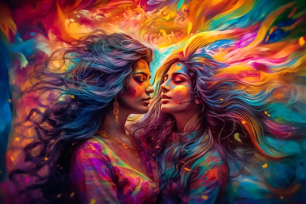 A colorful poster of two women with the word love on the bottom.