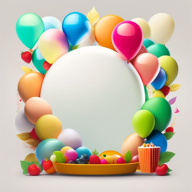 A colorful poster with balloons and a cup of coffee on the table