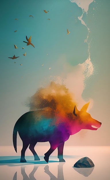 A colorful poster with a bull and a cloud of dust.