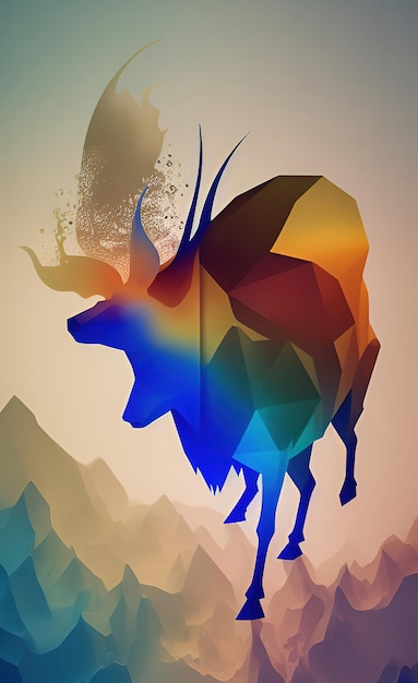 A colorful poster with a bull and mountains in the background.